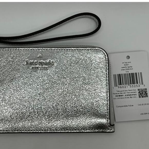 NWT Kate Spade Lucy Metallic Silver Small Leather Zipper Wristlet KJ031 - Picture 8 of 9